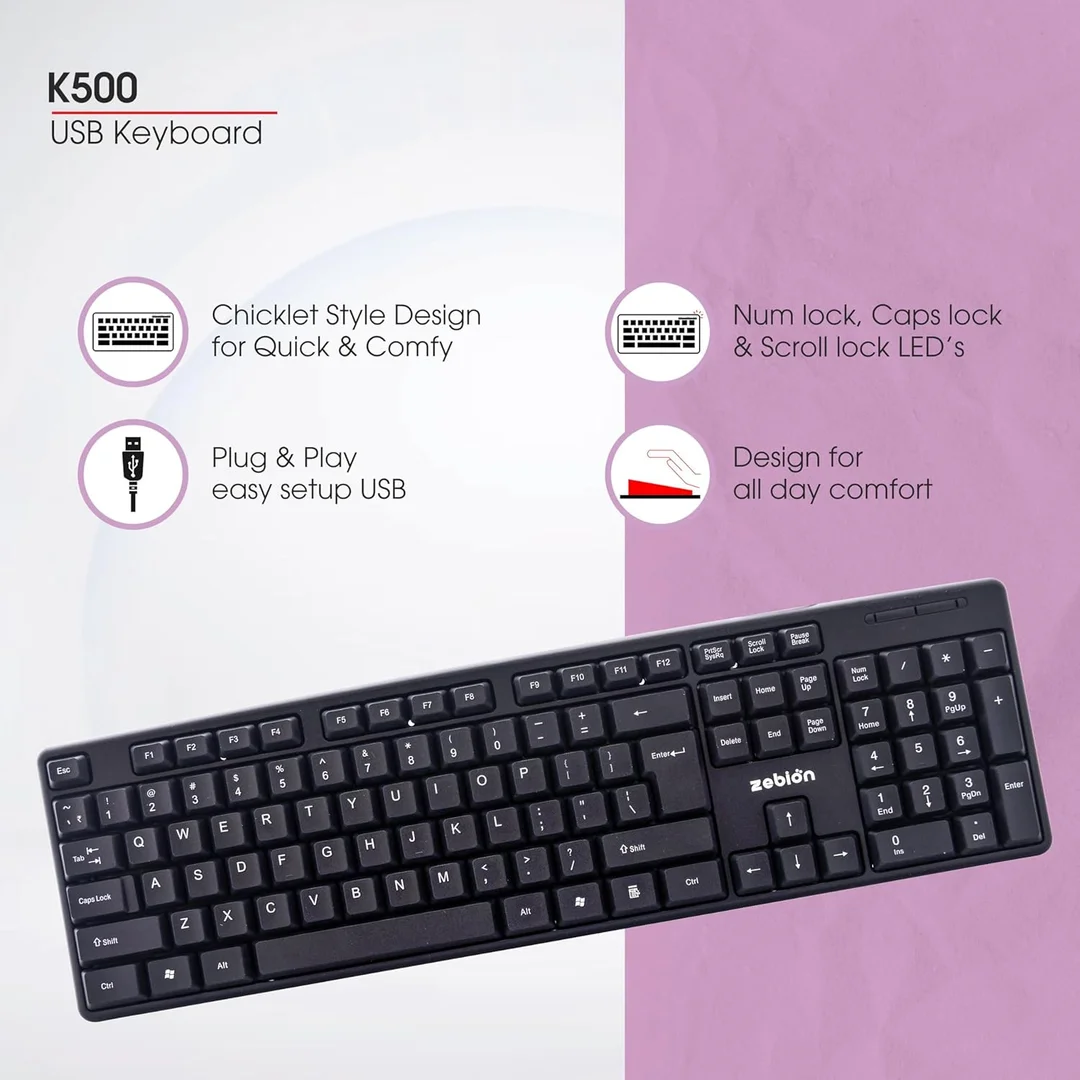 Zebion K500 USB Wired Keyboard 102‑Key Rugged Heavy‑Duty Ergonomic Clicky Touch Design with Rupee Key for PC Laptop India image 4