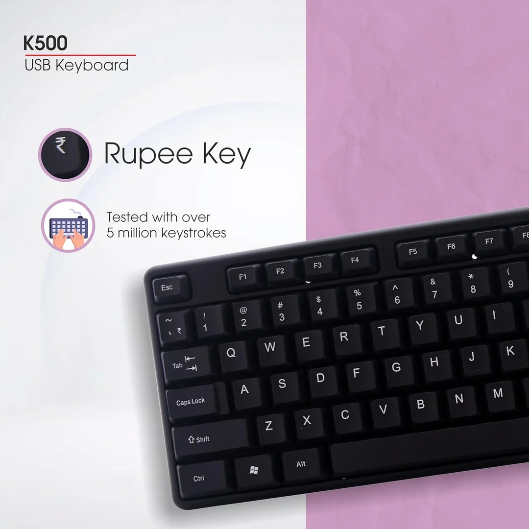 Zebion K500 USB Wired Keyboard 102‑Key Rugged Heavy‑Duty Ergonomic Clicky Touch Design with Rupee Key for PC Laptop India image 5