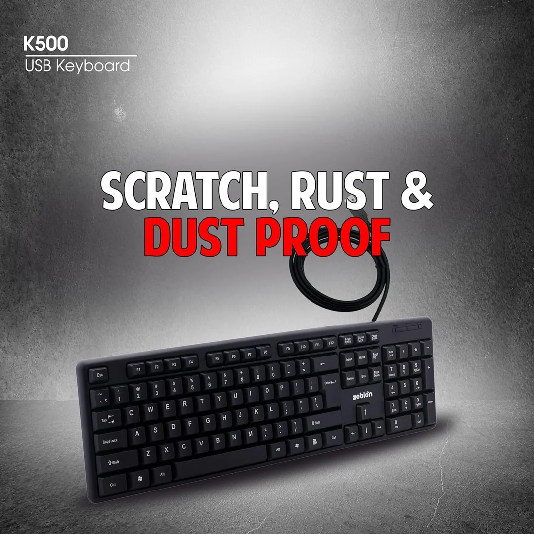 Zebion K500 USB Wired Keyboard 102‑Key Rugged Heavy‑Duty Ergonomic Clicky Touch Design with Rupee Key for PC Laptop India image 8