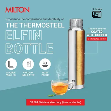 Milton Elfin 500 ml Thermosteel Vacuum Insulated Stainless Steel Water Bottle Leak-Proof Silver Office Gym School Daily Use, 24 Hr Hot Cold Performance thumbnail 3