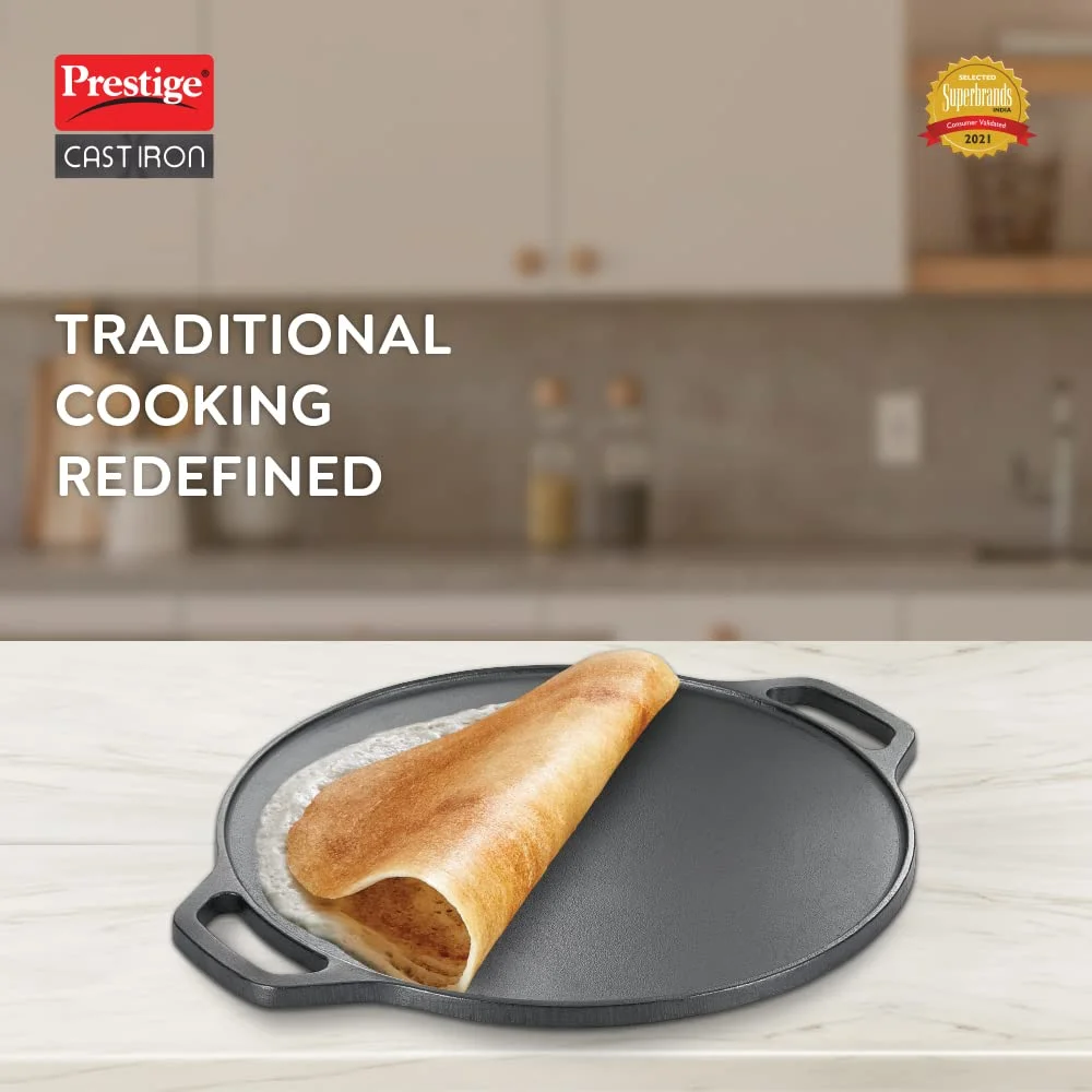 Prestige 30 cm Cast Iron Dosa Tawa Heavy Gauge Durable Cookware | Even Heat Retention | Gas Induction Compatible | Premium Cast Iron Griddle Pan India image 2
