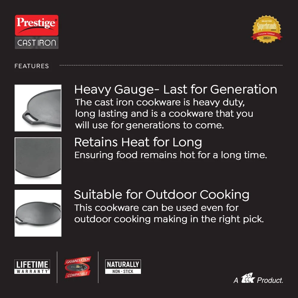 Prestige 30 cm Cast Iron Dosa Tawa Heavy Gauge Durable Cookware | Even Heat Retention | Gas Induction Compatible | Premium Cast Iron Griddle Pan India image 5