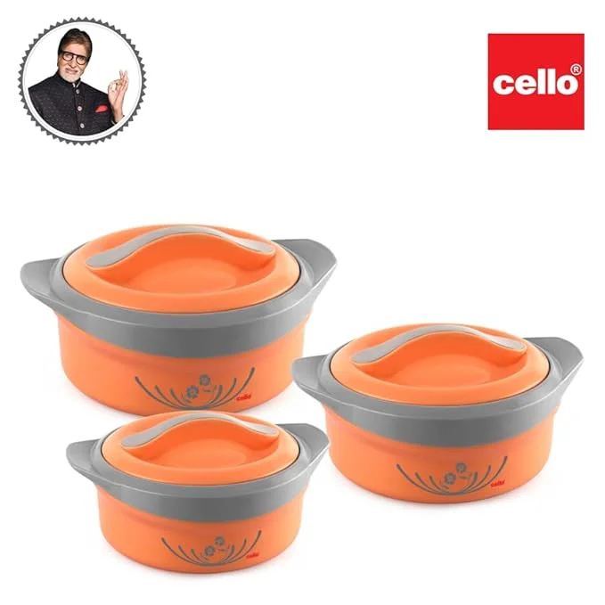 CELLO Solaris Stainless Steel Insulated Casserole Set of 3 with Firm Twist Lock Lid 500ml 1000ml 1500ml Serve and Store Hot Food image 3