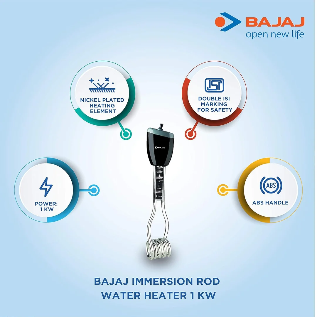 Bajaj Waterproof 1KW 1000W Immersion Heater Rod | Fast Water Heating Electric Immersion Heater for Home, Bathroom, Kitchen, Durable & Energy Efficient image 2