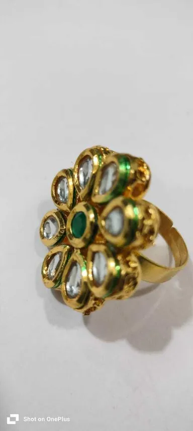 Traditional Ring with Kundan Stones, Floral Design, Color: Red, Green – Bridal and Wedding Jewelry thumbnail 3