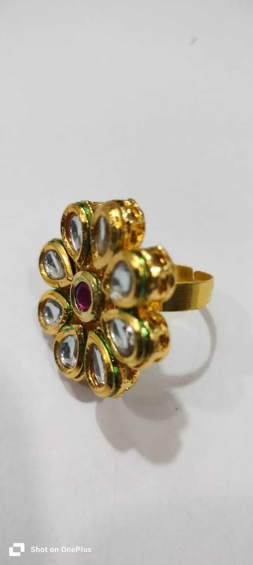 Traditional Ring with Kundan Stones, Floral Design, Color: Red, Green – Bridal and Wedding Jewelry image 5