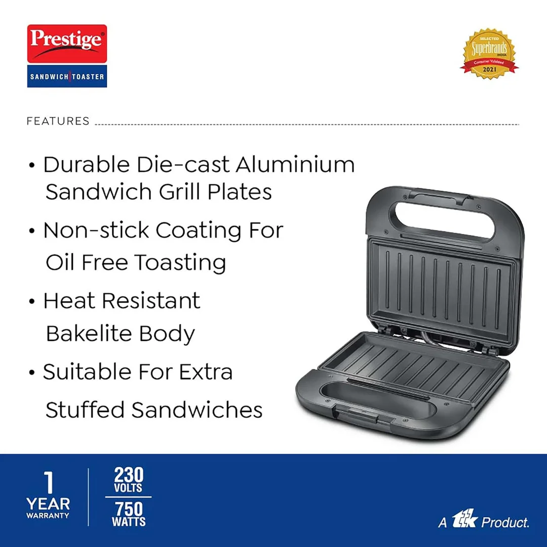 Prestige PGDP 03-SS 750W Sandwich Toaster – Non-Stick, Easy-Clean, Compact Sandwich Maker for Quick Meals image 3