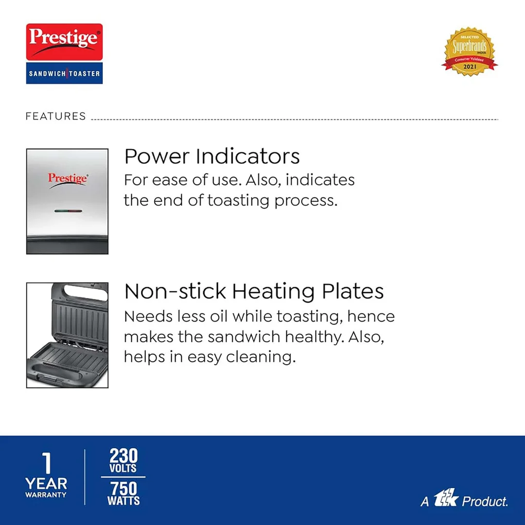 Prestige PGDP 03-SS 750W Sandwich Toaster – Non-Stick, Easy-Clean, Compact Sandwich Maker for Quick Meals image 4