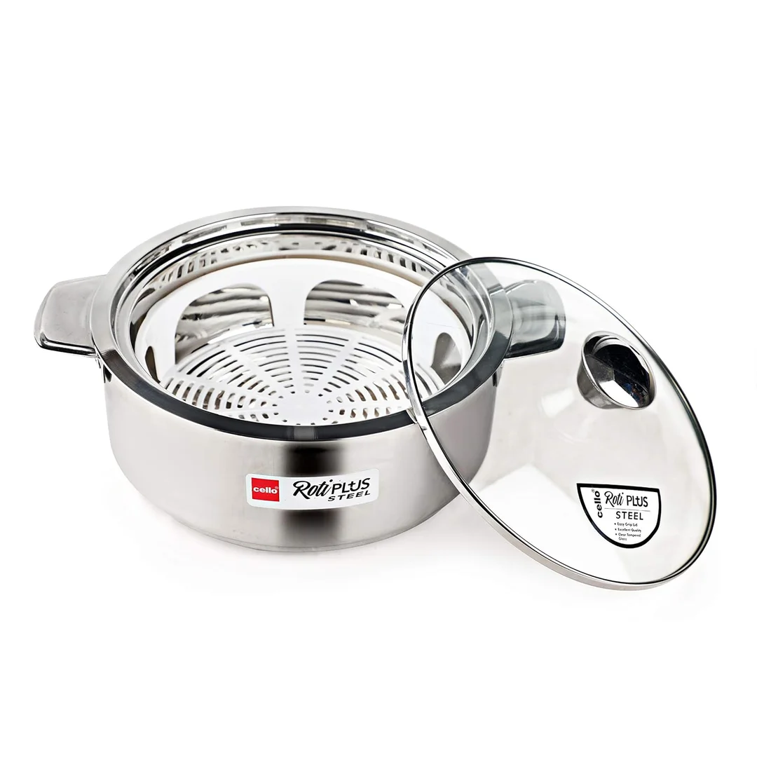 Cello Roti Plus Insulated Stainless Steel Casserole with Glass Lid | Double Walled, PU Insulated Roti Hot Pot for Kitchen, Chapati & Food Storage | Silver image 2