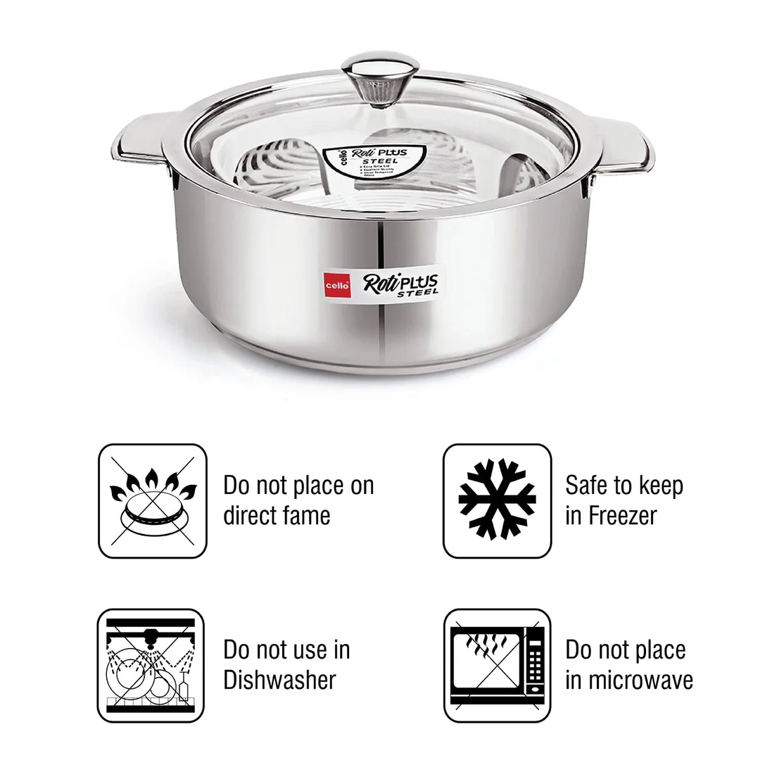 Cello Roti Plus Insulated Stainless Steel Casserole with Glass Lid | Double Walled, PU Insulated Roti Hot Pot for Kitchen, Chapati & Food Storage | Silver image 5