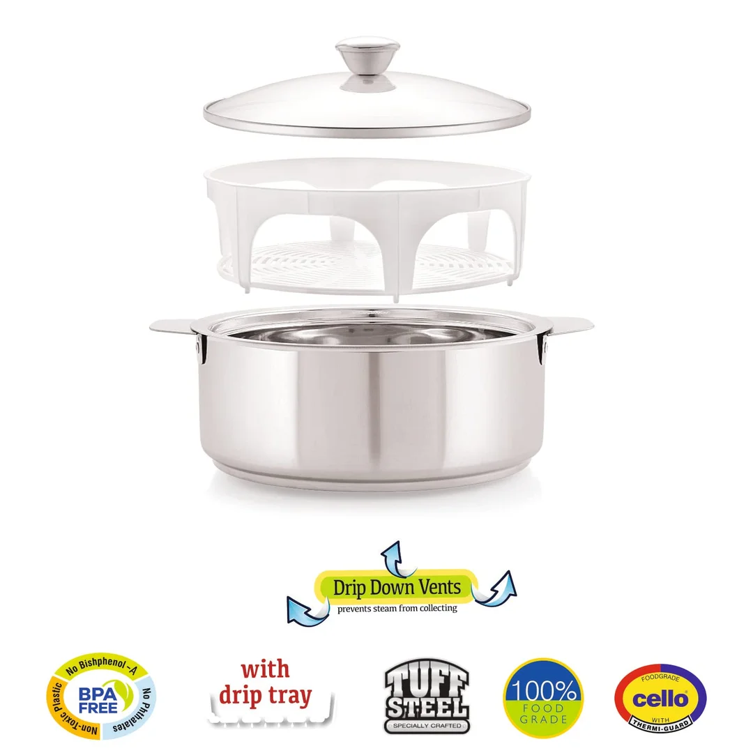 Cello Roti Plus Insulated Stainless Steel Casserole with Glass Lid | Double Walled, PU Insulated Roti Hot Pot for Kitchen, Chapati & Food Storage | Silver image 6
