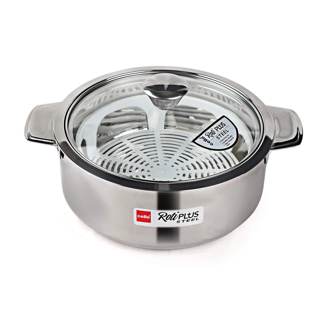 Cello Roti Plus Insulated Stainless Steel Casserole with Glass Lid | Double Walled, PU Insulated Roti Hot Pot for Kitchen, Chapati & Food Storage | Silver image 1