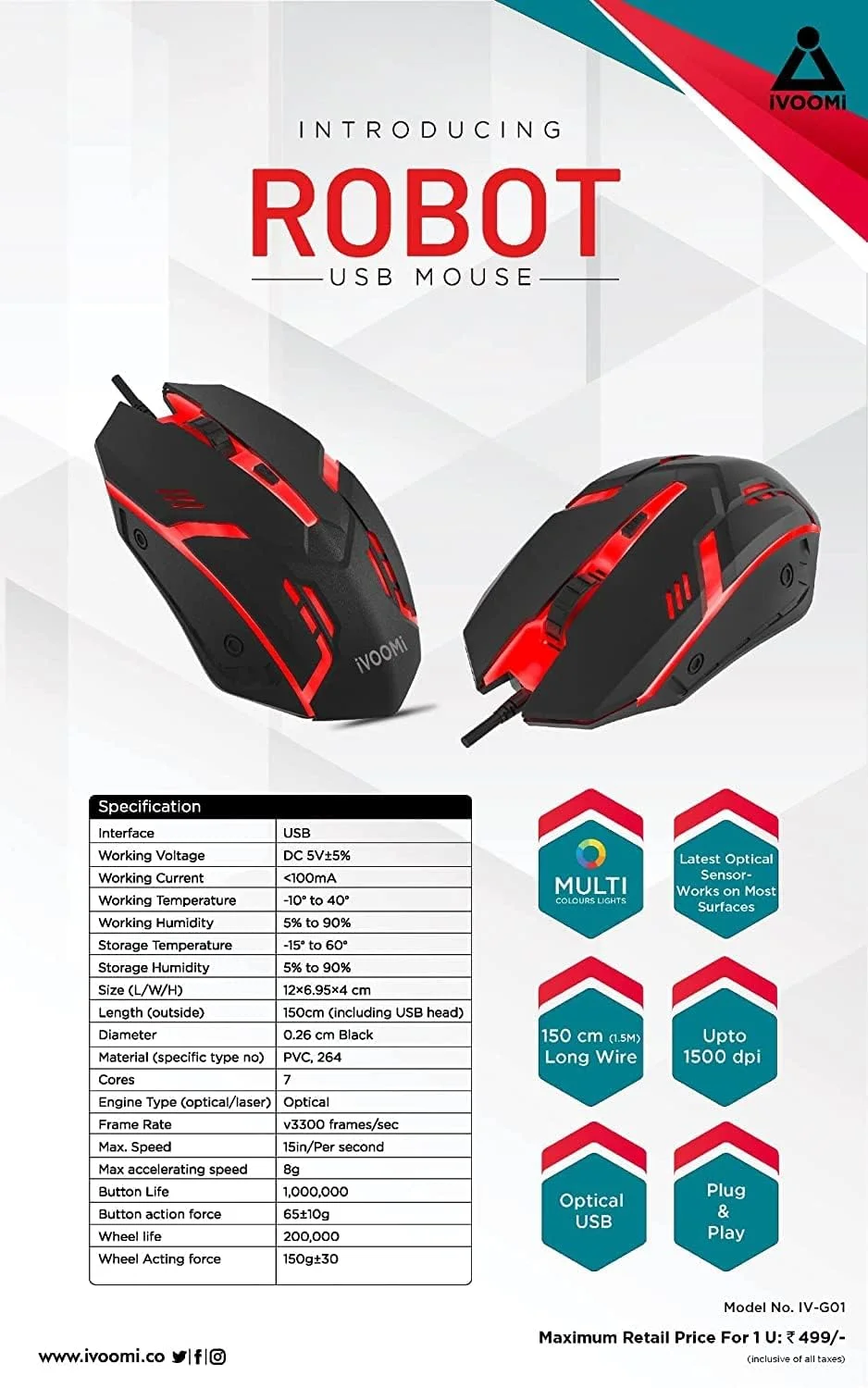 iVOOMi Robot Wired Gaming Mouse | Optical USB 2.0 | High DPI Precision for PC and Laptop | Black image 3