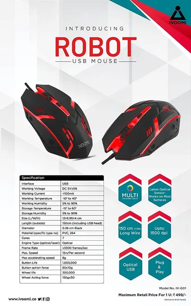 iVOOMi Robot Wired Gaming Mouse | Optical USB 2.0 | High DPI Precision for PC and Laptop | Black thumbnail 2