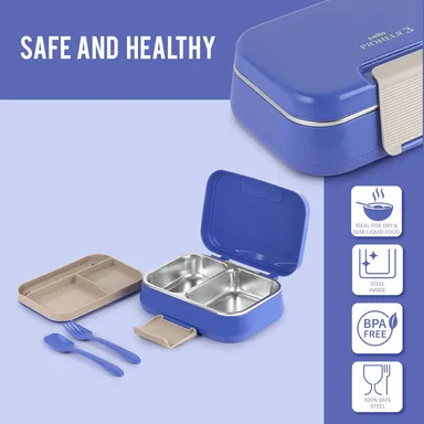 CELLO Pioneer Insulated Lunch Box with Steel Compartments, Fork & Spoon Set | Ideal for College, Office, & Outdoor Activities | Blue thumbnail 2