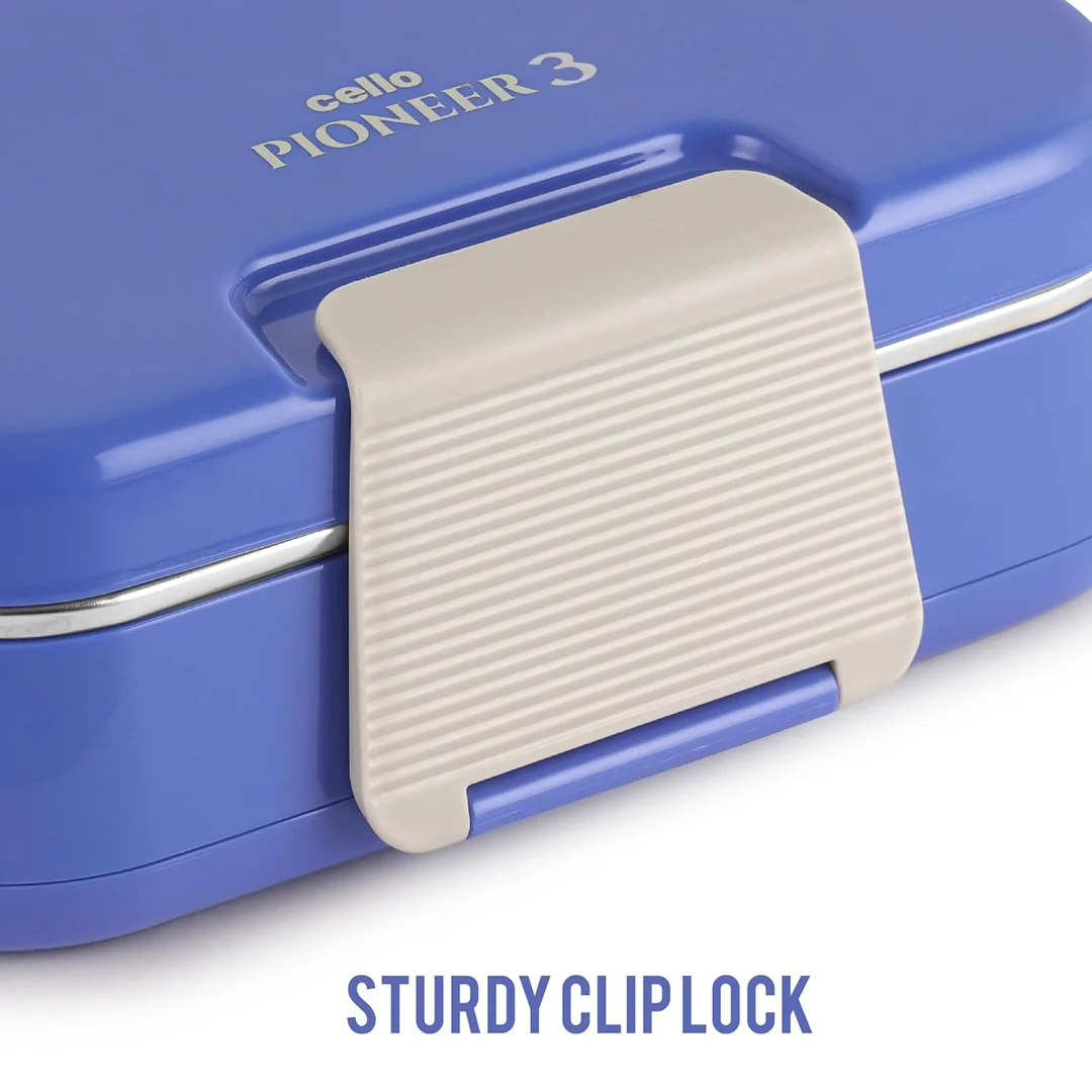 CELLO Pioneer Insulated Lunch Box with Steel Compartments, Fork & Spoon Set | Ideal for College, Office, & Outdoor Activities | Blue image 4