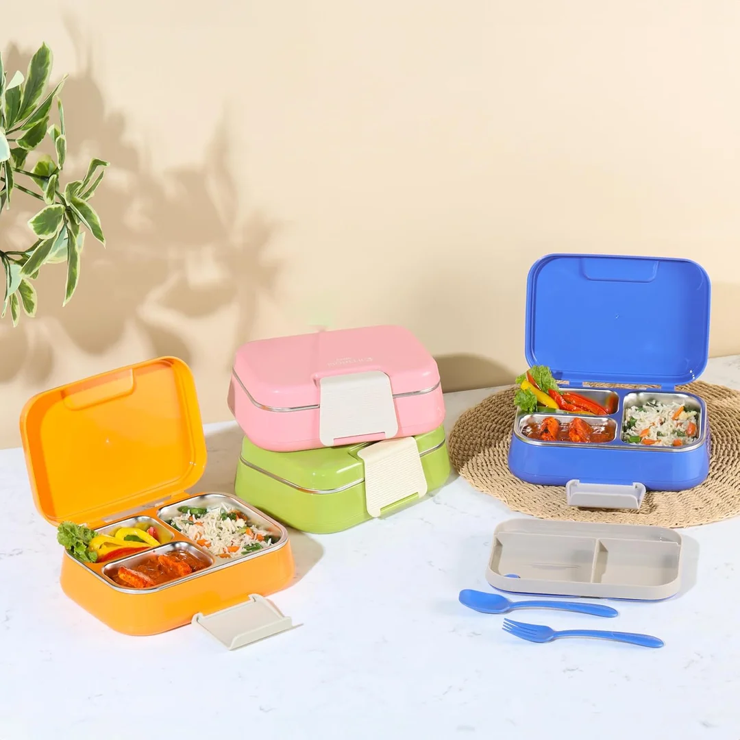 CELLO Pioneer Insulated Lunch Box with Steel Compartments, Fork & Spoon Set | Ideal for College, Office, & Outdoor Activities | Blue image 8