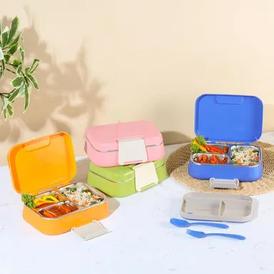 CELLO Pioneer Insulated Lunch Box with Steel Compartments, Fork & Spoon Set | Ideal for College, Office, & Outdoor Activities | Blue thumbnail 7