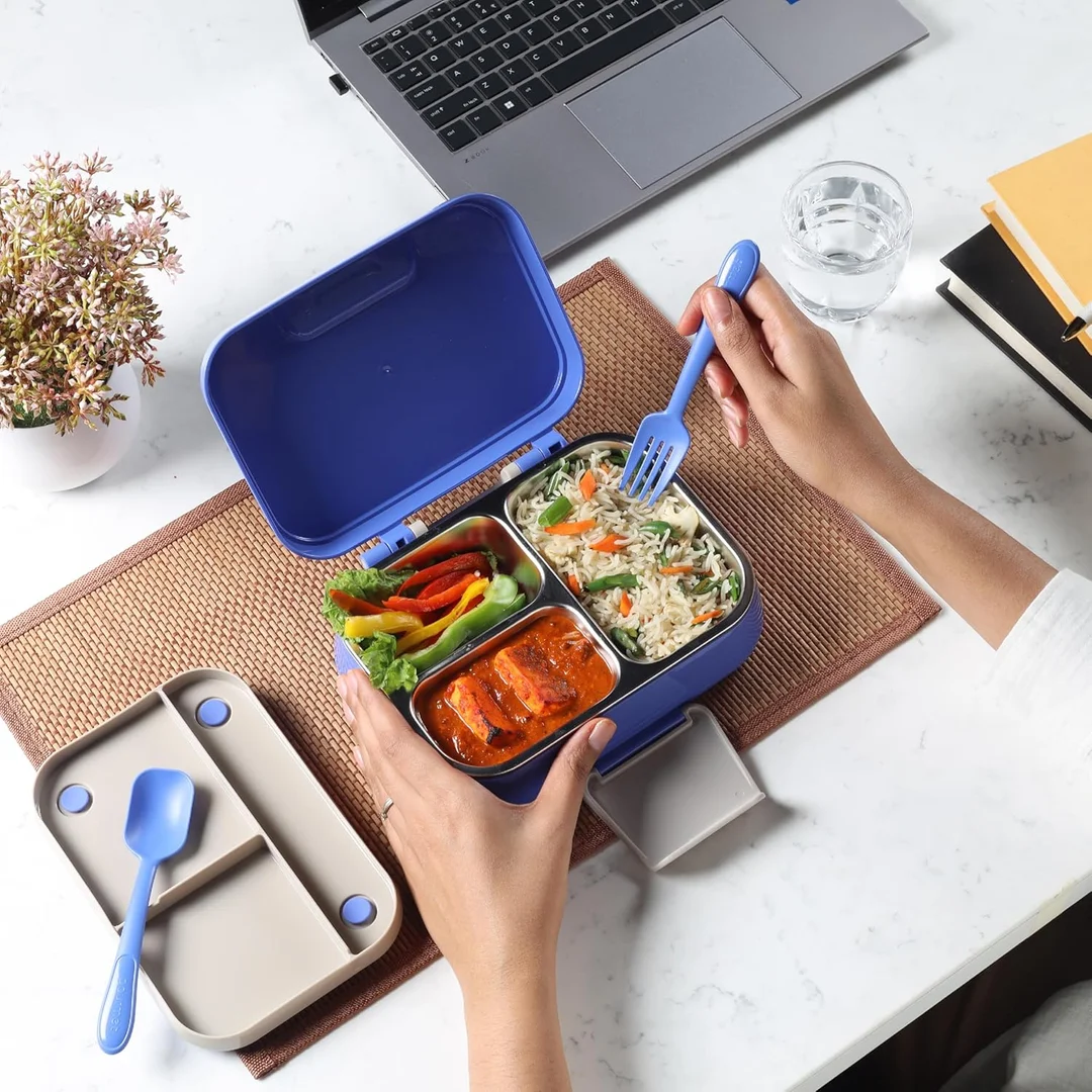 CELLO Pioneer Insulated Lunch Box with Steel Compartments, Fork & Spoon Set | Ideal for College, Office, & Outdoor Activities | Blue image 1