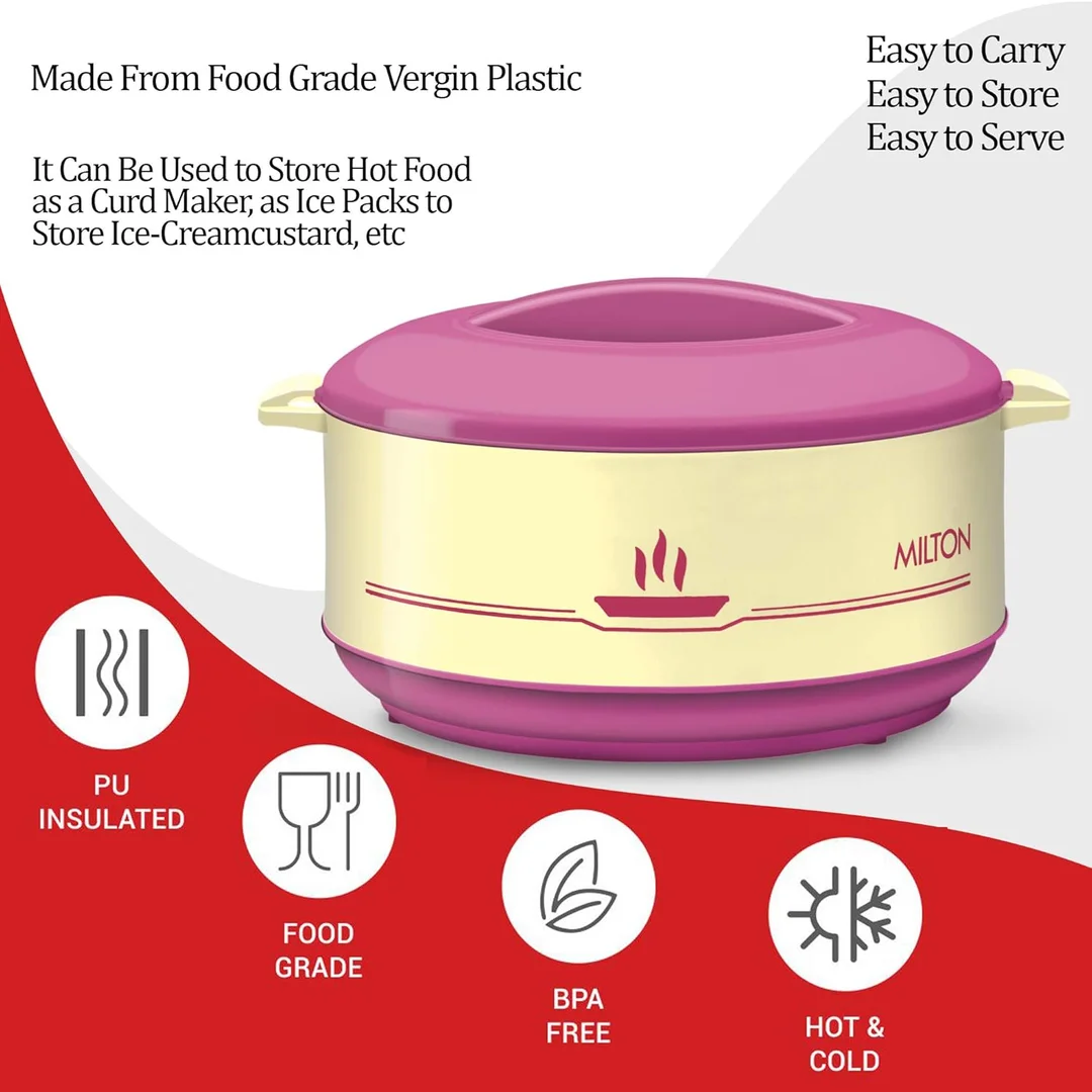 MILTON Buffet 2000 Inner Steel Insulated Casserole 2L Cherry Pink Double Wall Stainless Steel Food Warmer Hot Pot with Handles image 3