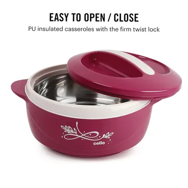 CELLO Insulated Steel Casserole for Roti, 1500ml, Pink | Hot Box for Kitchen | Hot Pot for Home | Chapati Box with Lid for Long Heat Retention thumbnail 2