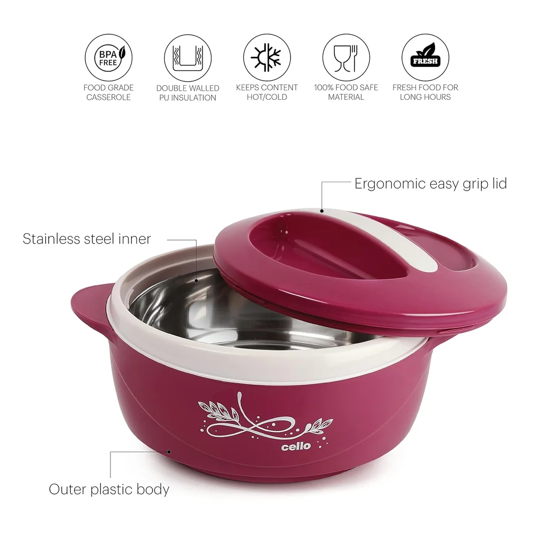 CELLO Insulated Steel Casserole for Roti, 1500ml, Pink | Hot Box for Kitchen | Hot Pot for Home | Chapati Box with Lid for Long Heat Retention image 4