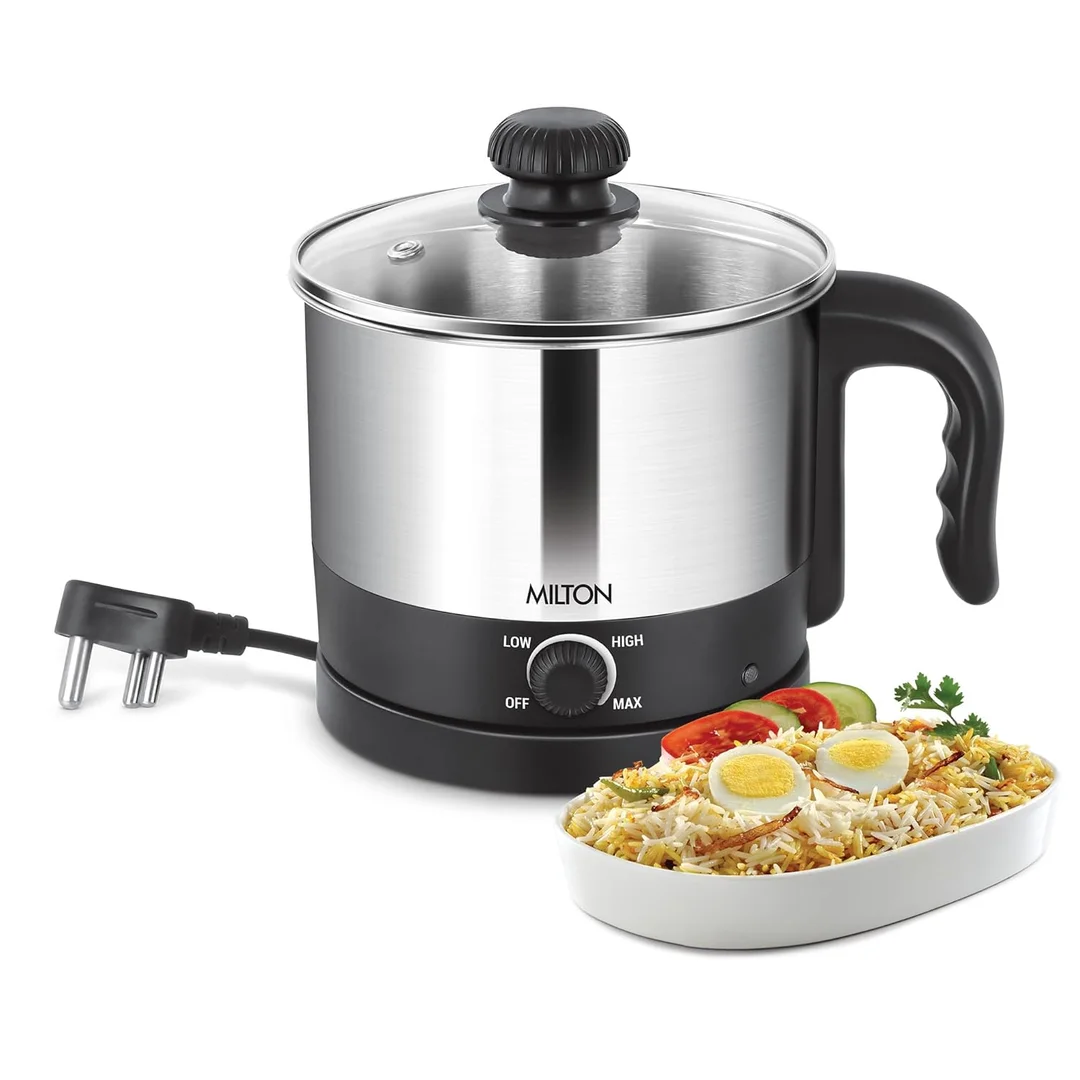 Milton Euroline Go Electro 600W 1.2L Stainless Steel Electric Cooker & Multi-Purpose Kettle with Glass Lid, Egg Tray, Steamer Bowl image 1