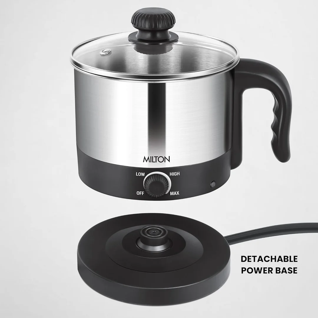 Milton Euroline Go Electro 600W 1.2L Stainless Steel Electric Cooker & Multi-Purpose Kettle with Glass Lid, Egg Tray, Steamer Bowl image 2