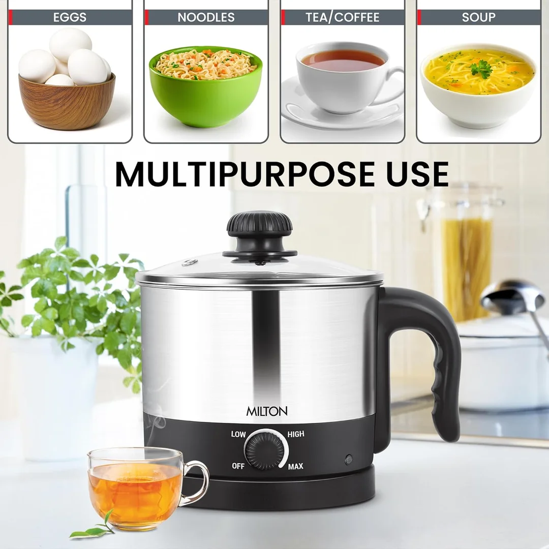 Milton Euroline Go Electro 600W 1.2L Stainless Steel Electric Cooker & Multi-Purpose Kettle with Glass Lid, Egg Tray, Steamer Bowl image 3