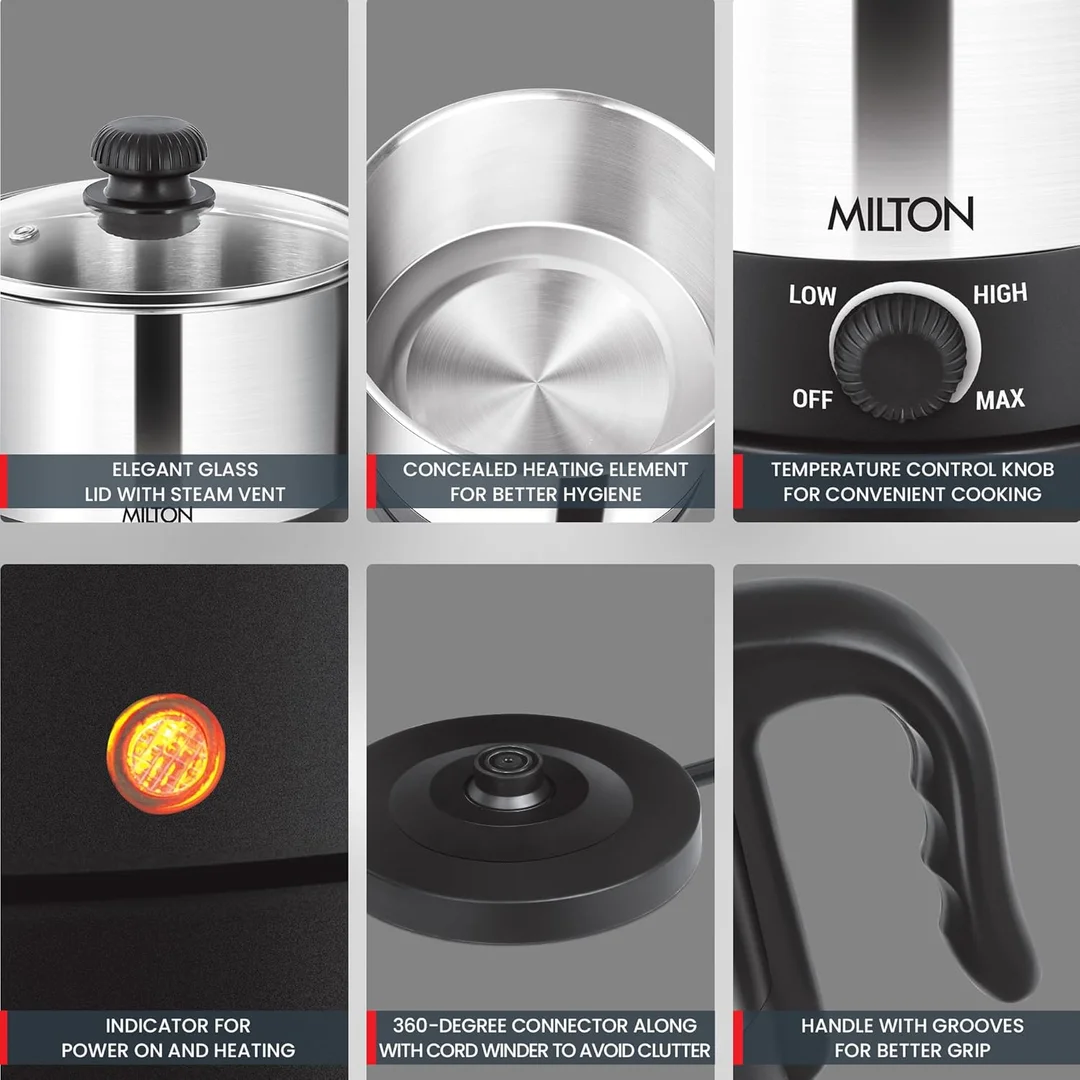 Milton Euroline Go Electro 600W 1.2L Stainless Steel Electric Cooker & Multi-Purpose Kettle with Glass Lid, Egg Tray, Steamer Bowl image 5