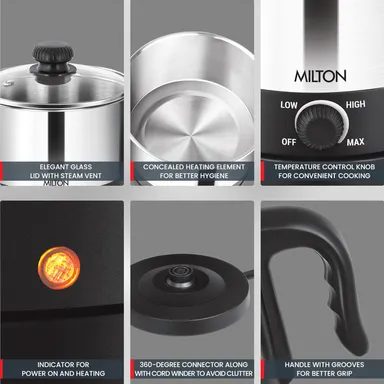 Milton Euroline Go Electro 600W 1.2L Stainless Steel Electric Cooker & Multi-Purpose Kettle with Glass Lid, Egg Tray, Steamer Bowl thumbnail 4