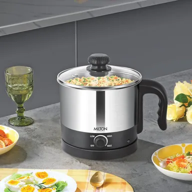 Milton Euroline Go Electro 600W 1.2L Stainless Steel Electric Cooker & Multi-Purpose Kettle with Glass Lid, Egg Tray, Steamer Bowl thumbnail 5