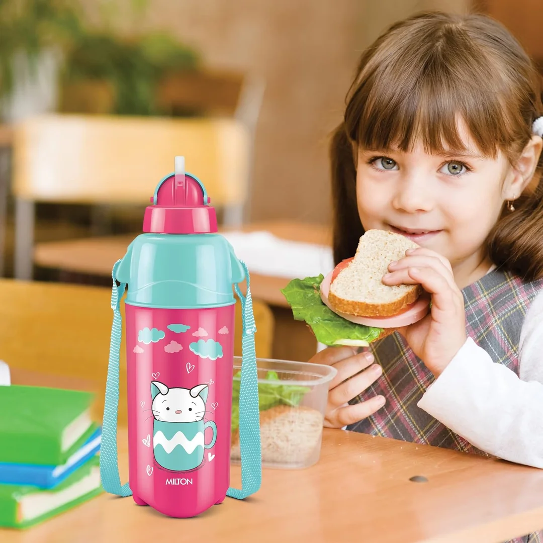  Milton Kool Trendy 500 Kids Plastic Insulated Water Bottle with Straw, 490 ml|Sipper Bottle, Leak Proof, BPA Free, Food Grade|School & Picnic Bottle, Cherry Pink image 2