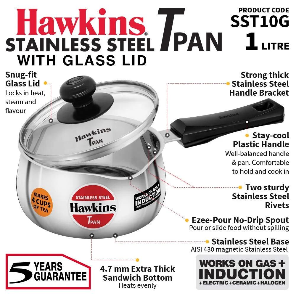 Hawkins 1 L Stainless Steel Induction Tea Pan with Glass Lid – SST10G | Easy-Pour Saucepan for Tea, Milk, Coffee & Soups image 2