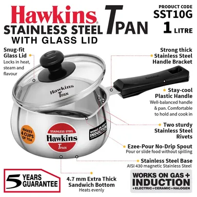 Hawkins 1 L Stainless Steel Induction Tea Pan with Glass Lid – SST10G | Easy-Pour Saucepan for Tea, Milk, Coffee & Soups thumbnail 1