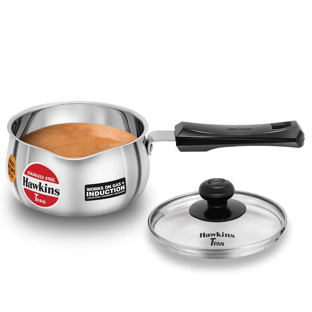 Hawkins 1 L Stainless Steel Induction Tea Pan with Glass Lid – SST10G | Easy-Pour Saucepan for Tea, Milk, Coffee & Soups image 1