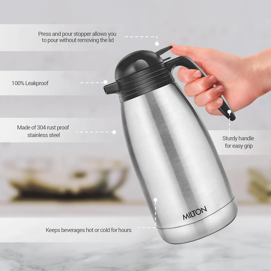 Milton Carafe 2000ml | Stainless Steel Vacuum Insulated Flask with Handle, Leak Proof, ISI Certified, Hot & Cold Coffee Tea Carafe image 4