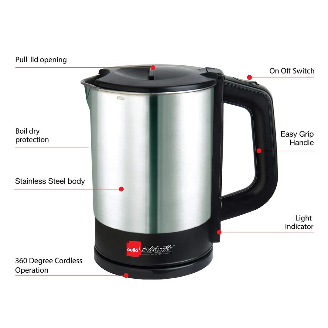 Cello Quick Boil 900 Electric Kettle | Stainless Steel | 1 Litre | 1200W Auto Shut Off | Easy Grip Handle | Travel, Office, Home Use image 2