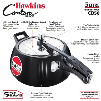 Hawkins Contura Black XT 5 Litre Hard Anodised Inner Lid Induction Pressure Cooker, Extra Thick Base, Safe & Energy Efficient Family Cooker thumbnail 1