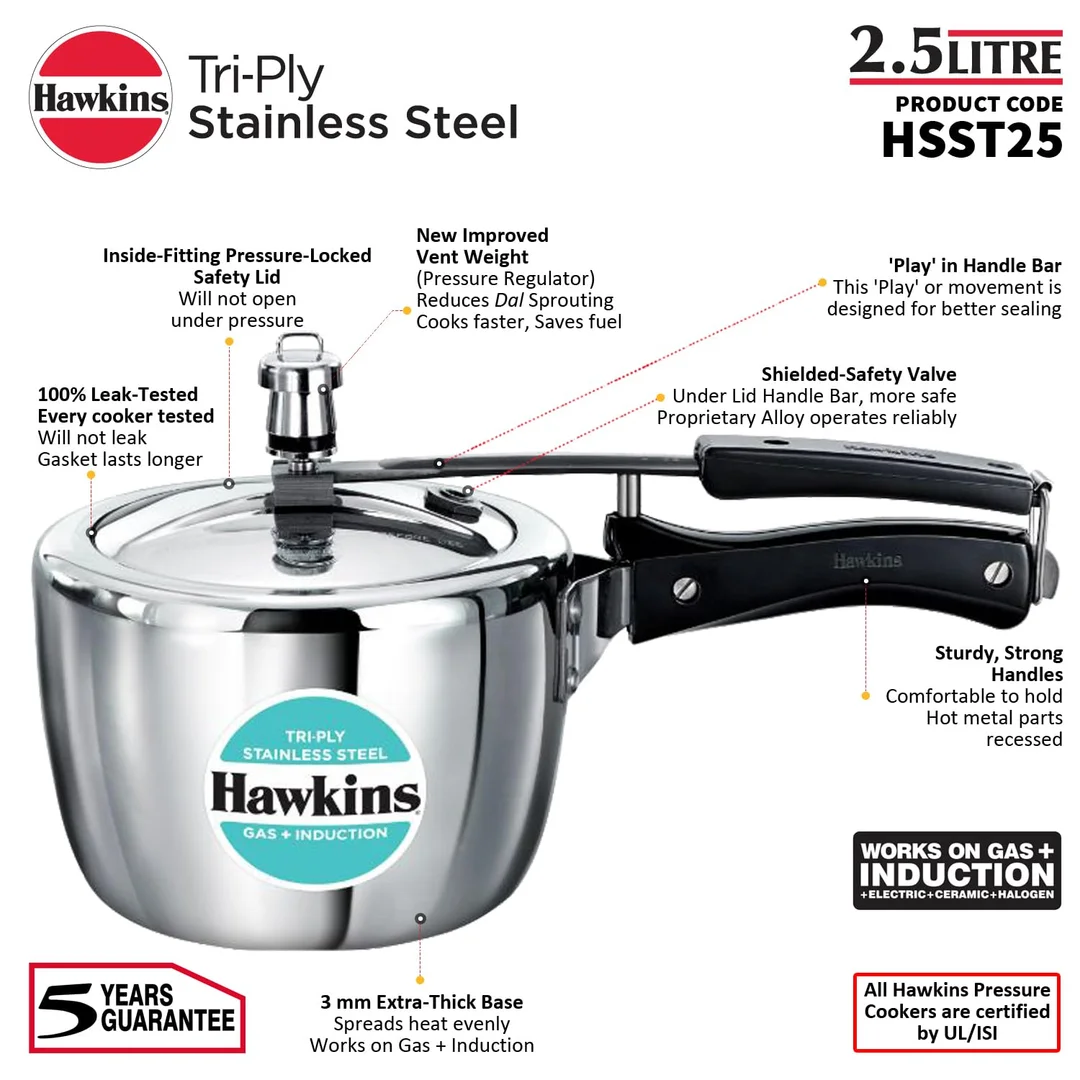 Hawkins 4.5L Triply Stainless Steel Pressure Cooker Inner Lid Induction Gas Compatible Heavy-Duty 3mm Base 18/8 Food-Grade Cookware for Indian Kitchen image 3