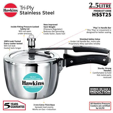 Hawkins 4.5L Triply Stainless Steel Pressure Cooker Inner Lid Induction Gas Compatible Heavy-Duty 3mm Base 18/8 Food-Grade Cookware for Indian Kitchen thumbnail 2
