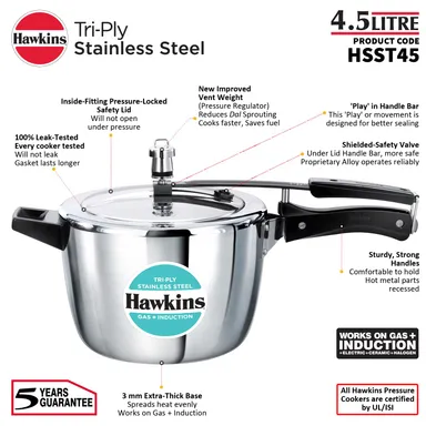 Hawkins 4.5L Triply Stainless Steel Pressure Cooker Inner Lid Induction Gas Compatible Heavy-Duty 3mm Base 18/8 Food-Grade Cookware for Indian Kitchen thumbnail 4