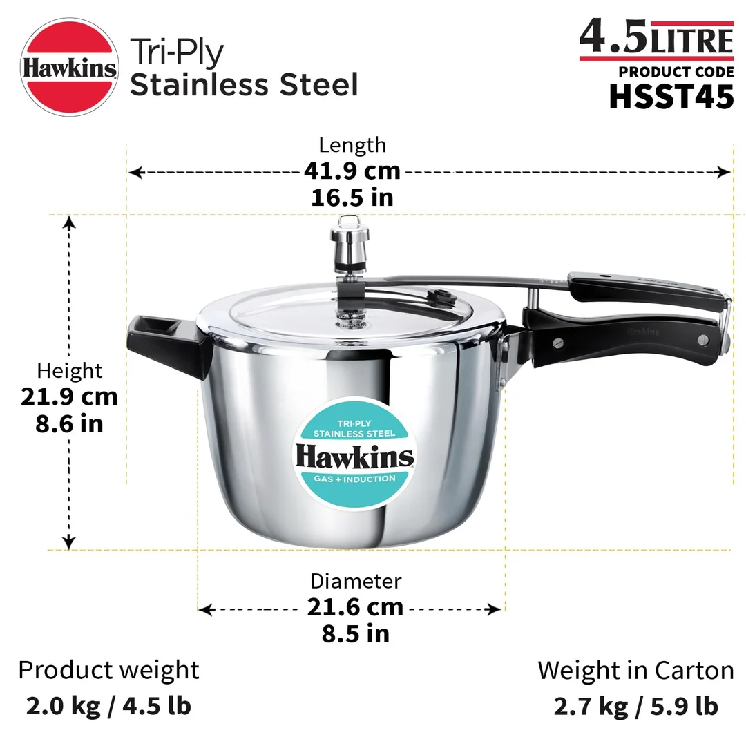 Hawkins 4.5L Triply Stainless Steel Pressure Cooker Inner Lid Induction Gas Compatible Heavy-Duty 3mm Base 18/8 Food-Grade Cookware for Indian Kitchen image 6