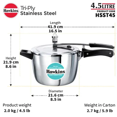 Hawkins 4.5L Triply Stainless Steel Pressure Cooker Inner Lid Induction Gas Compatible Heavy-Duty 3mm Base 18/8 Food-Grade Cookware for Indian Kitchen thumbnail 5