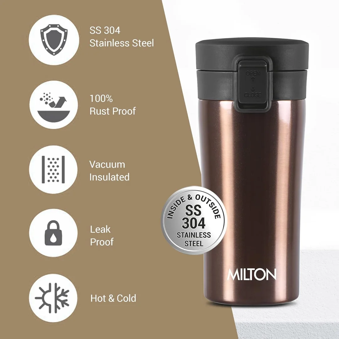 MILTON Thermosteel Vacuum Insulated Travel Coffee Mug 300ml | Black, ISI Certified, Spill Proof, Leakproof & Rustproof | Prolonged Hot & Cold Retention, Easy Sip, On-The-Go Coffee Cup image 39