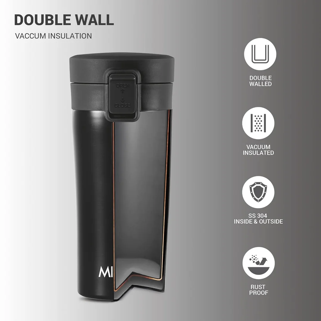 MILTON Thermosteel Vacuum Insulated Travel Coffee Mug 300ml | Black, ISI Certified, Spill Proof, Leakproof & Rustproof | Prolonged Hot & Cold Retention, Easy Sip, On-The-Go Coffee Cup image 48