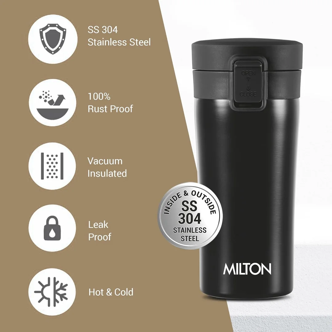 MILTON Thermosteel Vacuum Insulated Travel Coffee Mug 300ml | Black, ISI Certified, Spill Proof, Leakproof & Rustproof | Prolonged Hot & Cold Retention, Easy Sip, On-The-Go Coffee Cup image 34