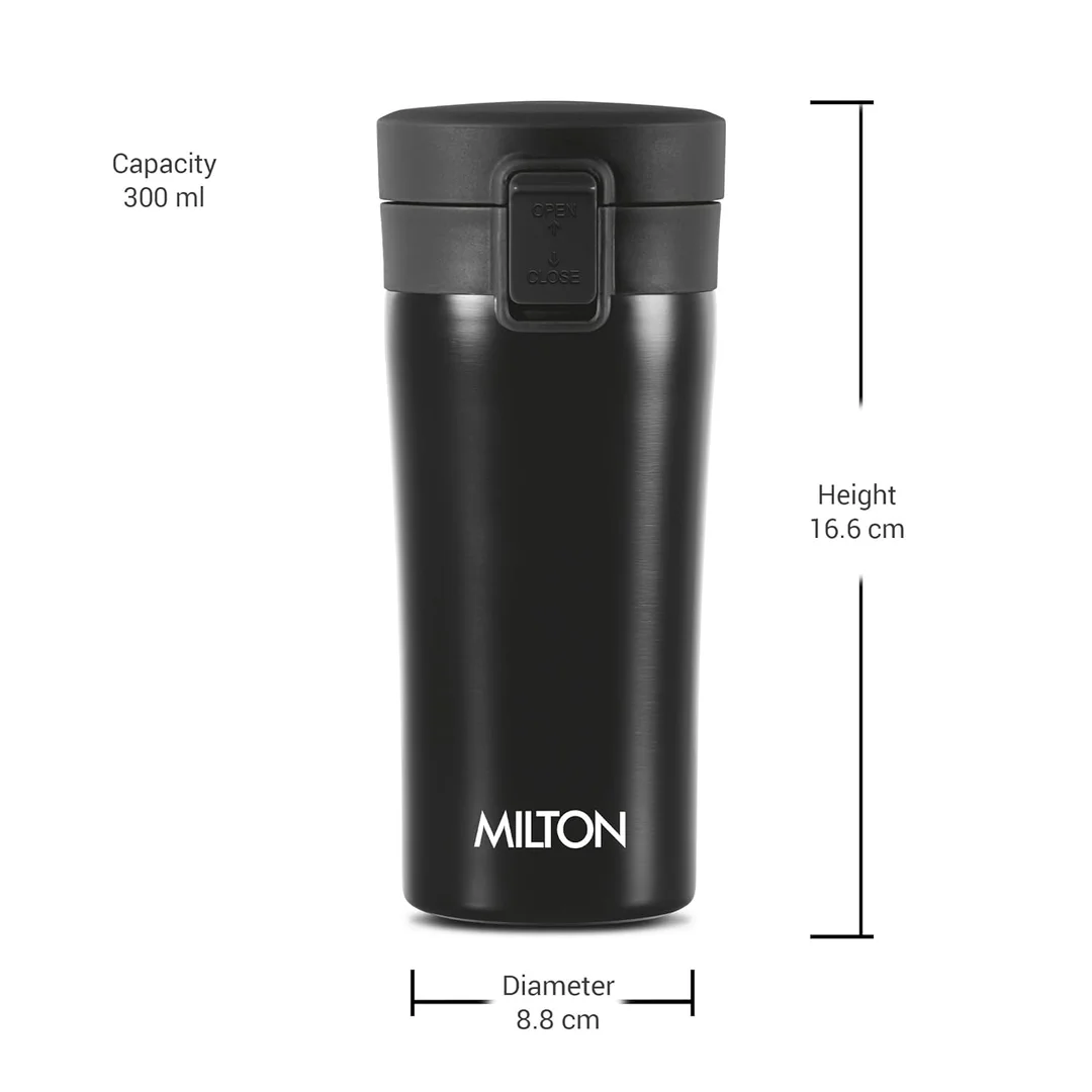 MILTON Thermosteel Vacuum Insulated Travel Coffee Mug 300ml | Black, ISI Certified, Spill Proof, Leakproof & Rustproof | Prolonged Hot & Cold Retention, Easy Sip, On-The-Go Coffee Cup image 33