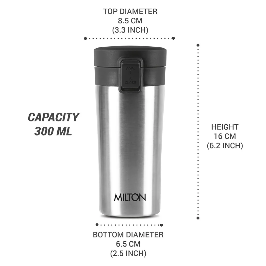 MILTON Thermosteel Vacuum Insulated Travel Coffee Mug 300ml | Black, ISI Certified, Spill Proof, Leakproof & Rustproof | Prolonged Hot & Cold Retention, Easy Sip, On-The-Go Coffee Cup image 23