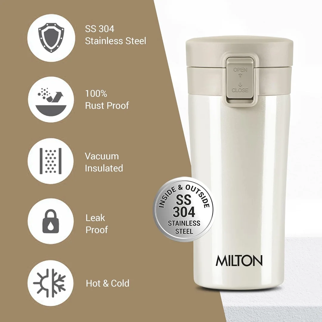 MILTON Thermosteel Vacuum Insulated Travel Coffee Mug 300ml | Black, ISI Certified, Spill Proof, Leakproof & Rustproof | Prolonged Hot & Cold Retention, Easy Sip, On-The-Go Coffee Cup image 19